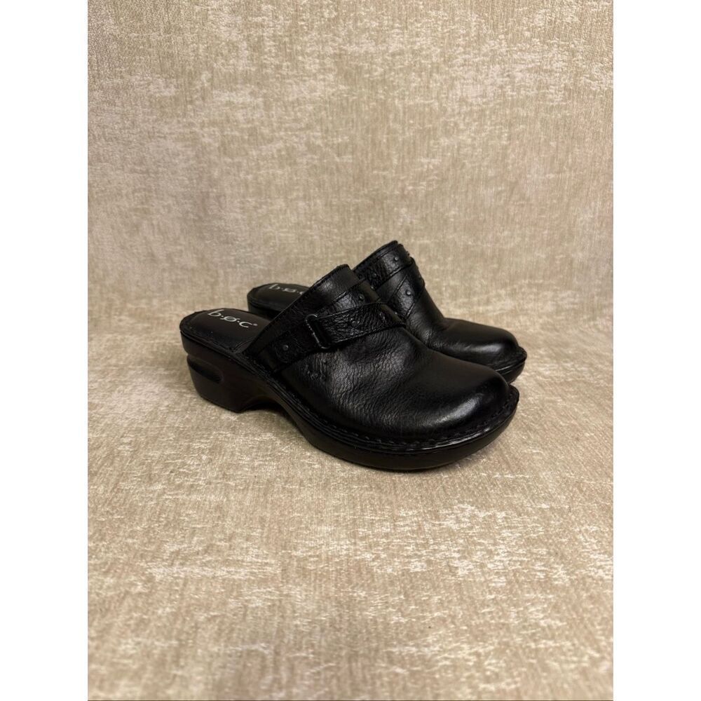 B.O.C. Women's Joseline Leather Mid Heel Dual Strap Slip On Clogs Black Size 7
